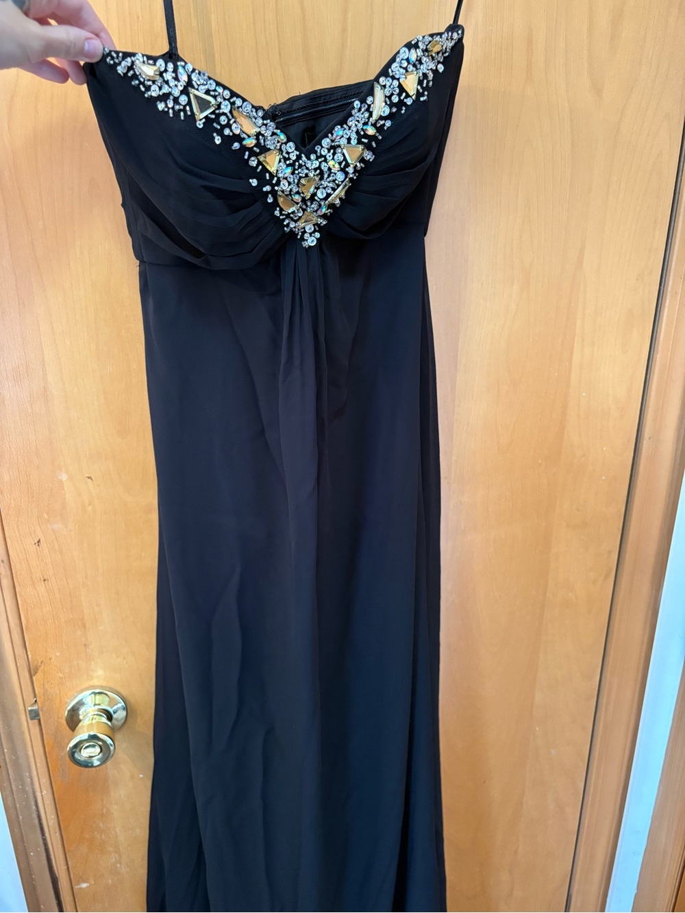 Black Strapless Evening Gown with Gold & Crystal Embellished Bodice